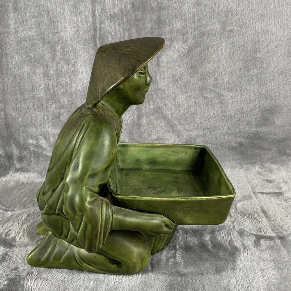 Vintage 1963 Figural Chinoiserie Trinket Box Gold Accented Green Signed Repaired